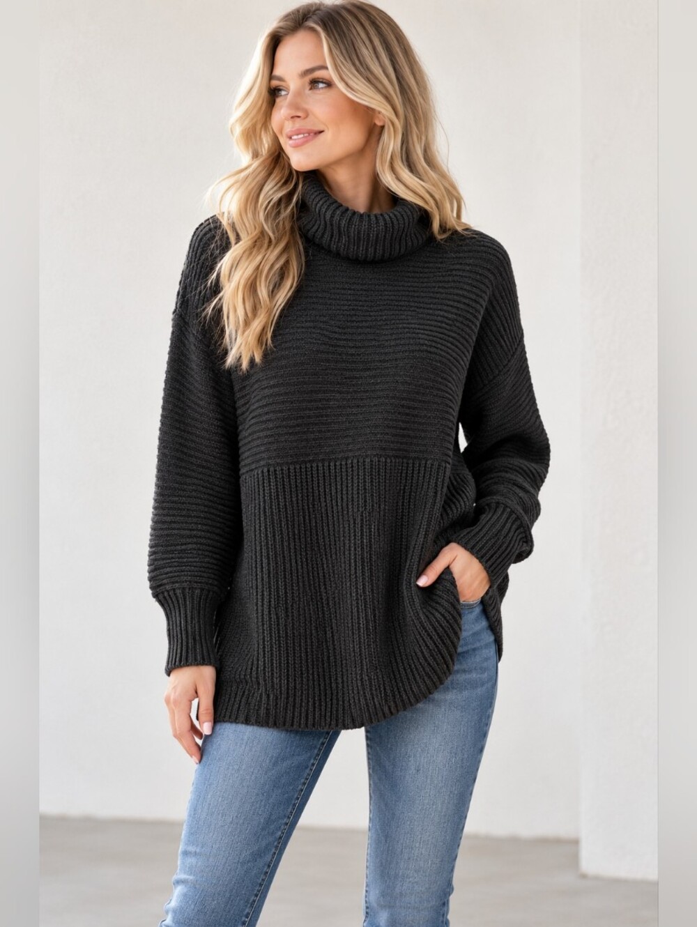 NWT KIRUNDO Black Oversized Ribbed Turtleneck Tunic Sweater Small